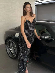 Fashion Polka Dot Print Maxi Dress Women Bandage Backless v-Neck Mesh Elegant Simple Temperament Casual Street Vestidos