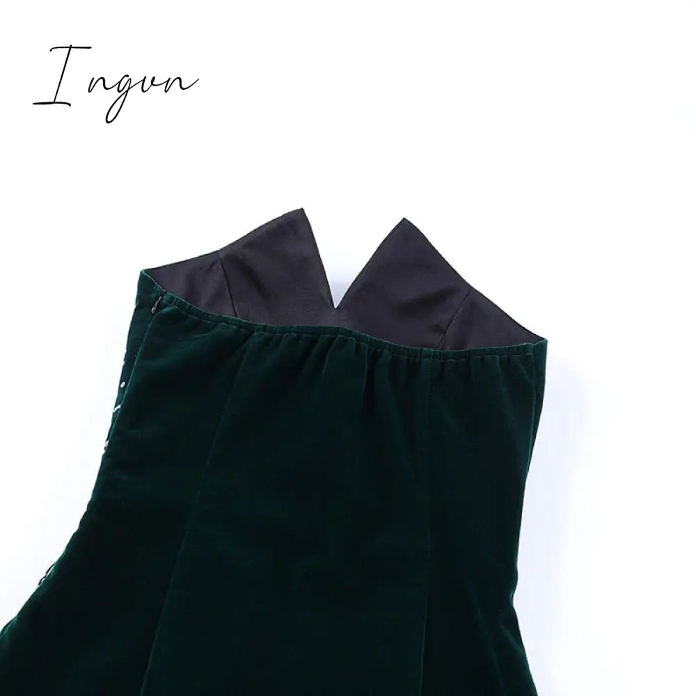Ingvn - Womens Fall Fashion V Neck Velvet Dress Women Sexy Sleeveless Elegant Fashion Female Clothes Solid Backless Strapless Side Split Dress Black