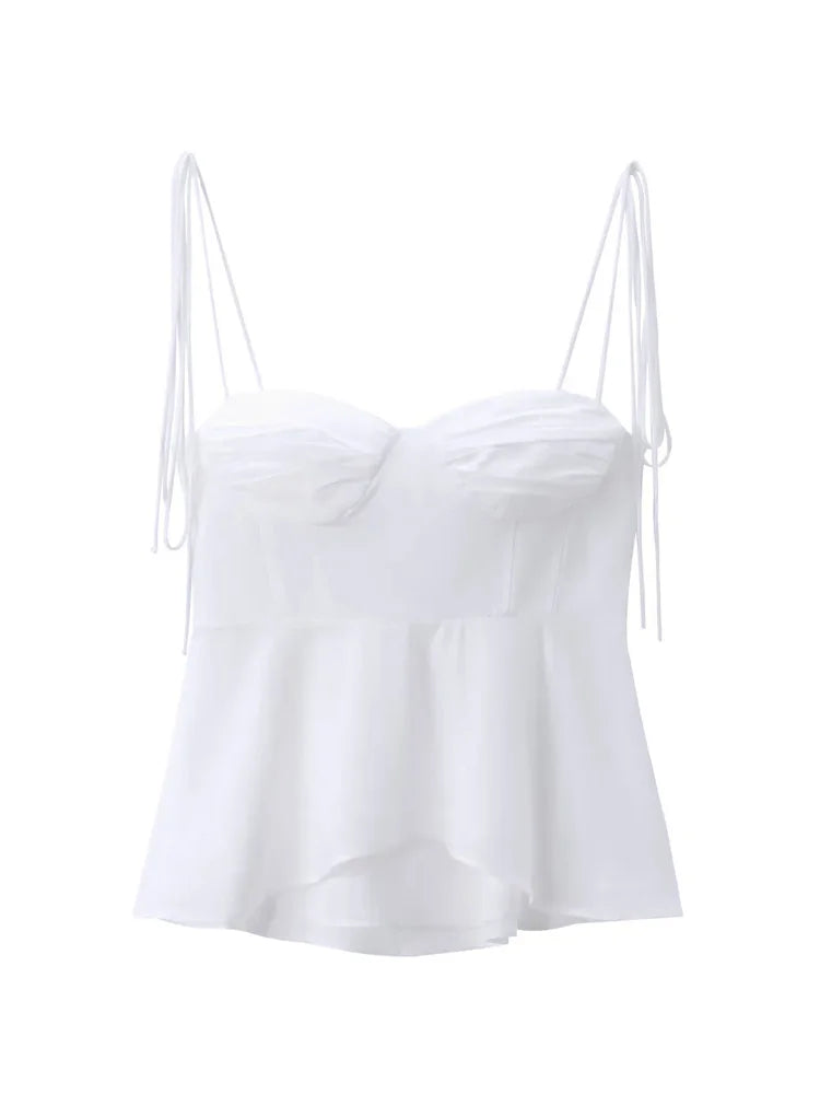 White Smocked Strappy Camisole Women's Sexy Sleeveless Ruffle Slim Bra Solid Color Streetwear Y2k Women's Tops Camisole