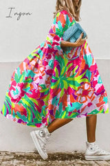 Ingvn - Casual Print Patchwork Turndown Collar Cake Skirt Dresses(11 Colors)