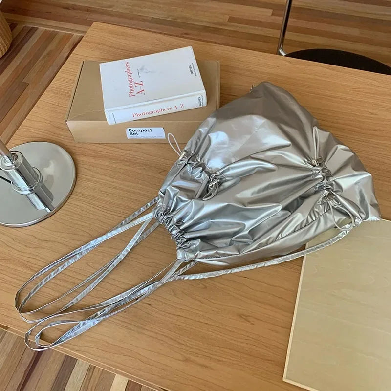 Ingvn  Elegant Silver Womens Backpack Pleated String Korean Style Fashion Small Backpack Designer Exquisite Daily New Female Bag