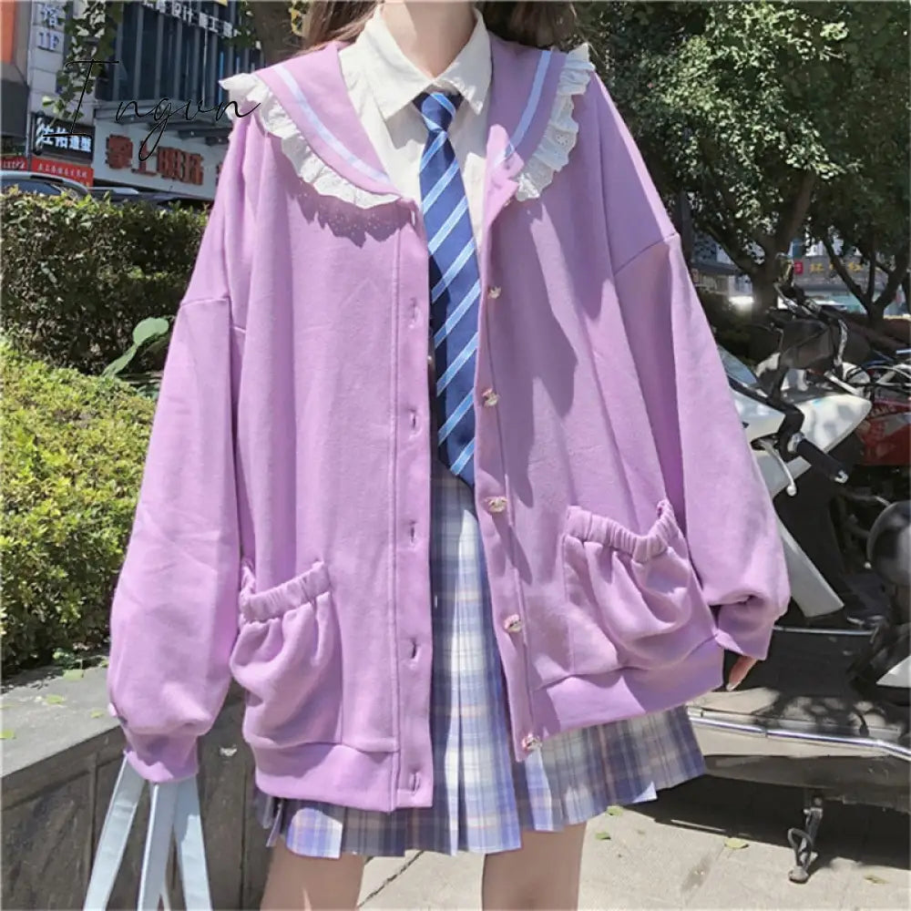 Ingvn - Autumn Sweet Women Hoodies Loose Hooded Sailor collar Cute Lace patchwork female Zip up hoodies NEW