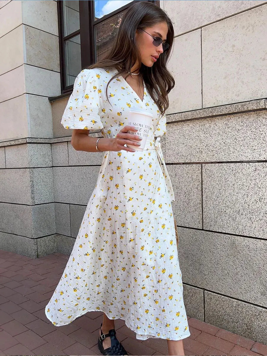 Ingvn  Women's V-neck Short Sleeve Floral Printed Cotton Dress Fashion Streetwear  High Waist Bandage A-line Long Holiday Dresses