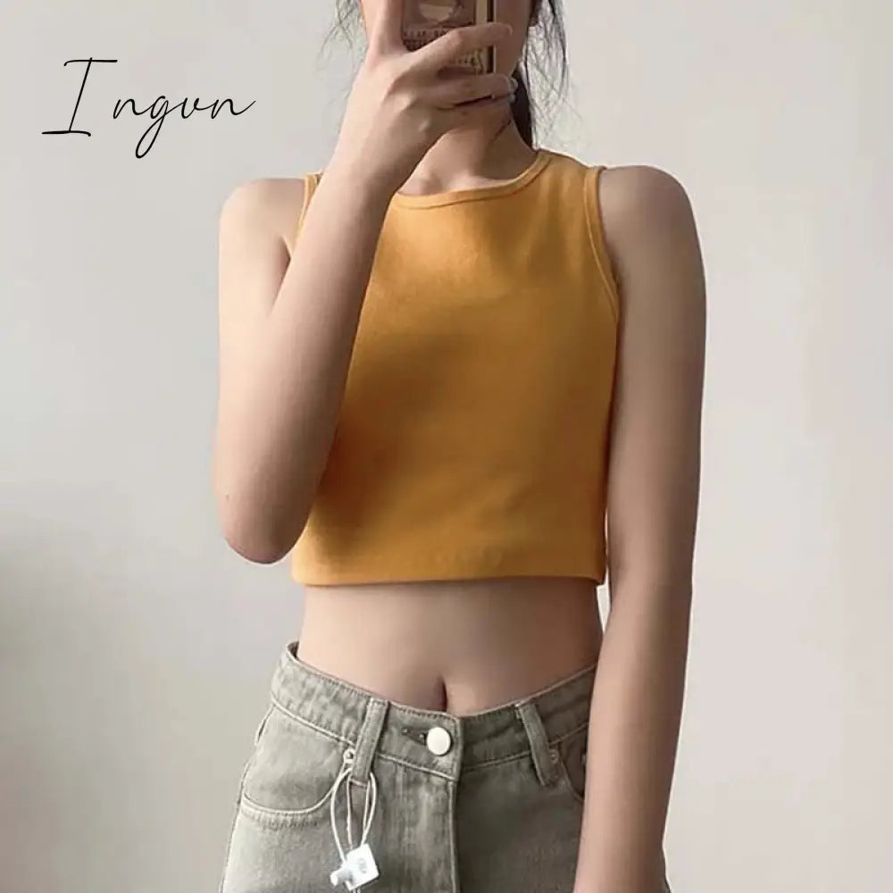 Ingvn - Summer new ladies retro crop top high waist slimming stretch slim short sleeveless bottoming top