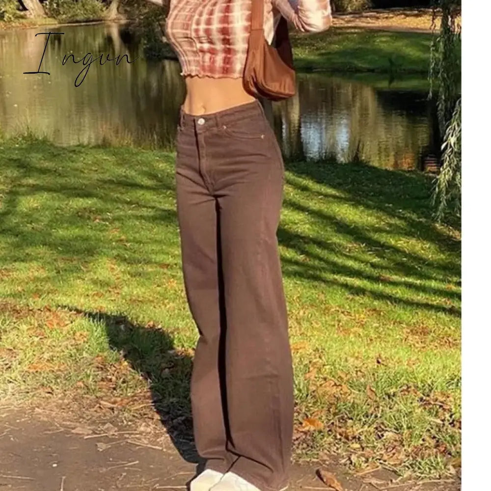 Ingvn - Brown Vintage Baggy Jeans Women 90s Streetwear