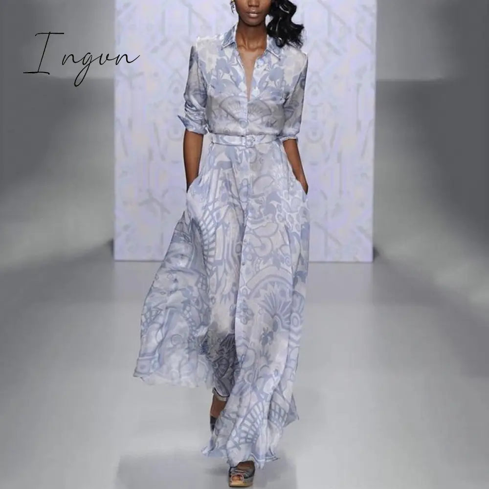 Ingvn - New Women Slim Fit High Waist Dress With Sashes Summer Printing Long Sleeve Button Dress Elegant Female Streetwear Casual Dress