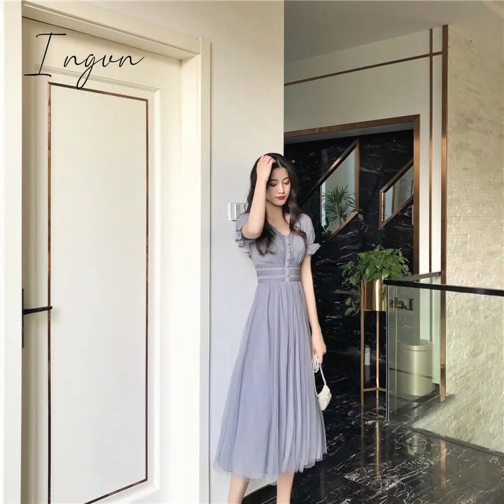 Ingvn - New Summer Mesh Dress Female V-neck Short Puff Sleeve A-line Women Dress Slim Korean Style Mesh Elegant Vintage Vestidos