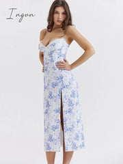 Ingvn - Elegant Blue Print Split Midi Dress Women Robe New Fashion Spaghetti Strap Sleeveless Off-shoulder Party Sexy Dress