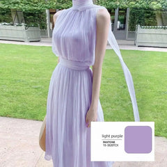 Ingvn - 2023 Summer Elegant Women's Dress Gentle High Collar Sleeveless Solid Chiffion Midi Dress Fashion Sexy Korea Sundress Vestido
