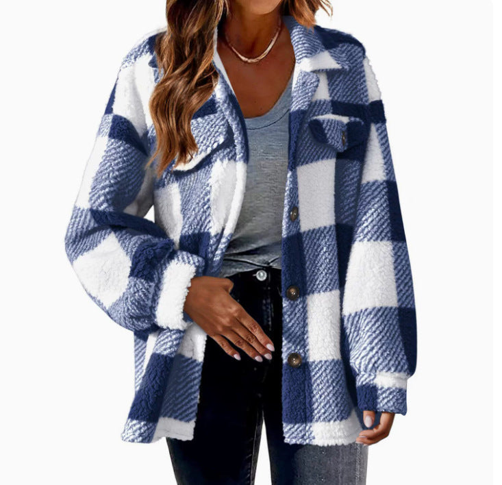 Autumn and Winter Open Button Lapel Plush Plaid Coat Plaid Pattern Button Front Jacket Warm