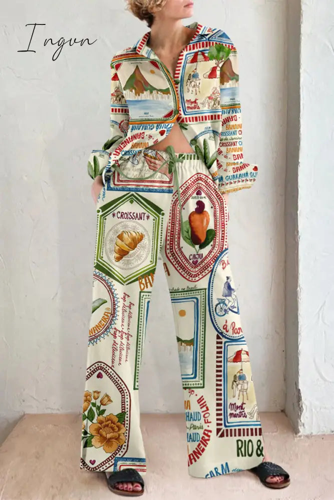 Ingvn - Casual Print Pocket Turndown Collar Long Sleeve Two Pieces