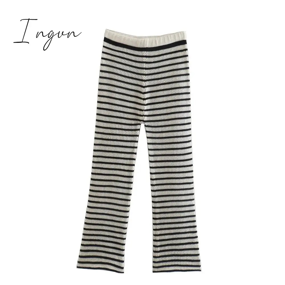 Ingvn - Knitted Two Piece Set Long Sleeve Crop Top Beach Sexy And Bodycon Trousers Summer Women Outfits Party Club