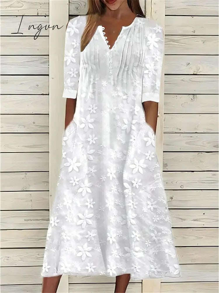 Ingvn - Women's Cotton Linen Dress Casual Dress Midi Dress Cotton Casual Mature Outdoor Daily Vacation V Neck Ruched Pocket Half Sleeve Summer Spring Fall 2023 Loose Fit White Blue Green Plain S M L XL 2XL