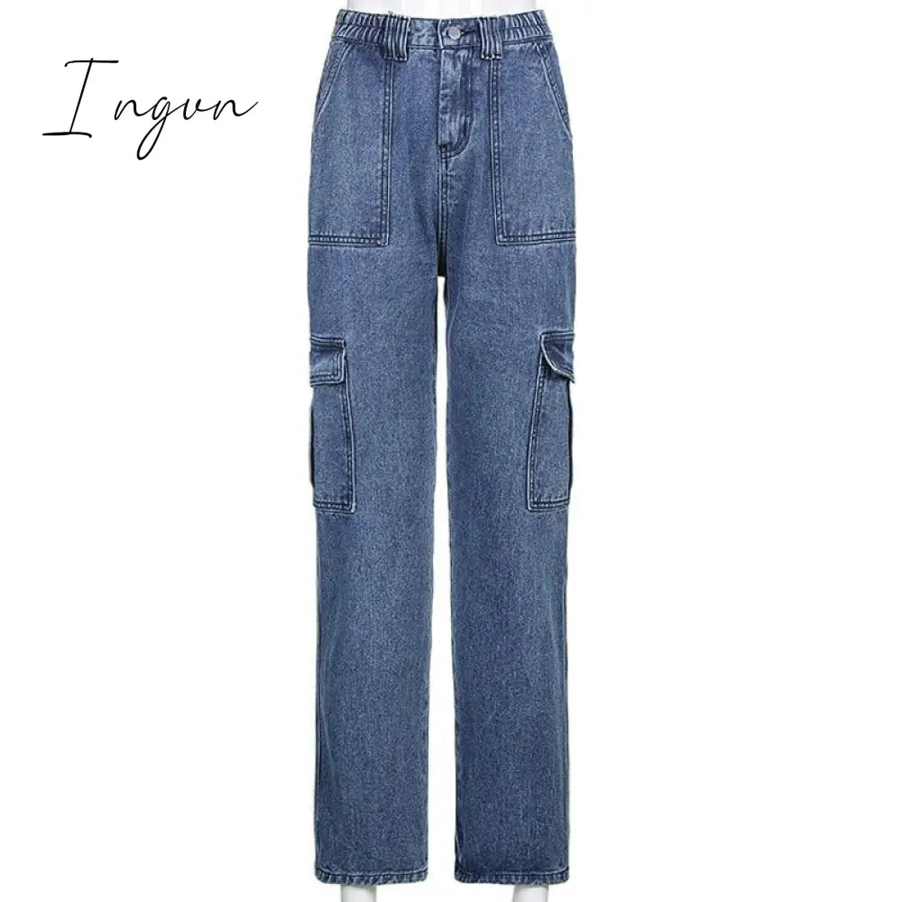 Ingvn - Womens Fashion Trends Pockets Patchwork Baggy Jeans Fashion Streetwear 100% Cotton Women Denim Trouser Loose Cargo Pants Korean Jeans Harajuku