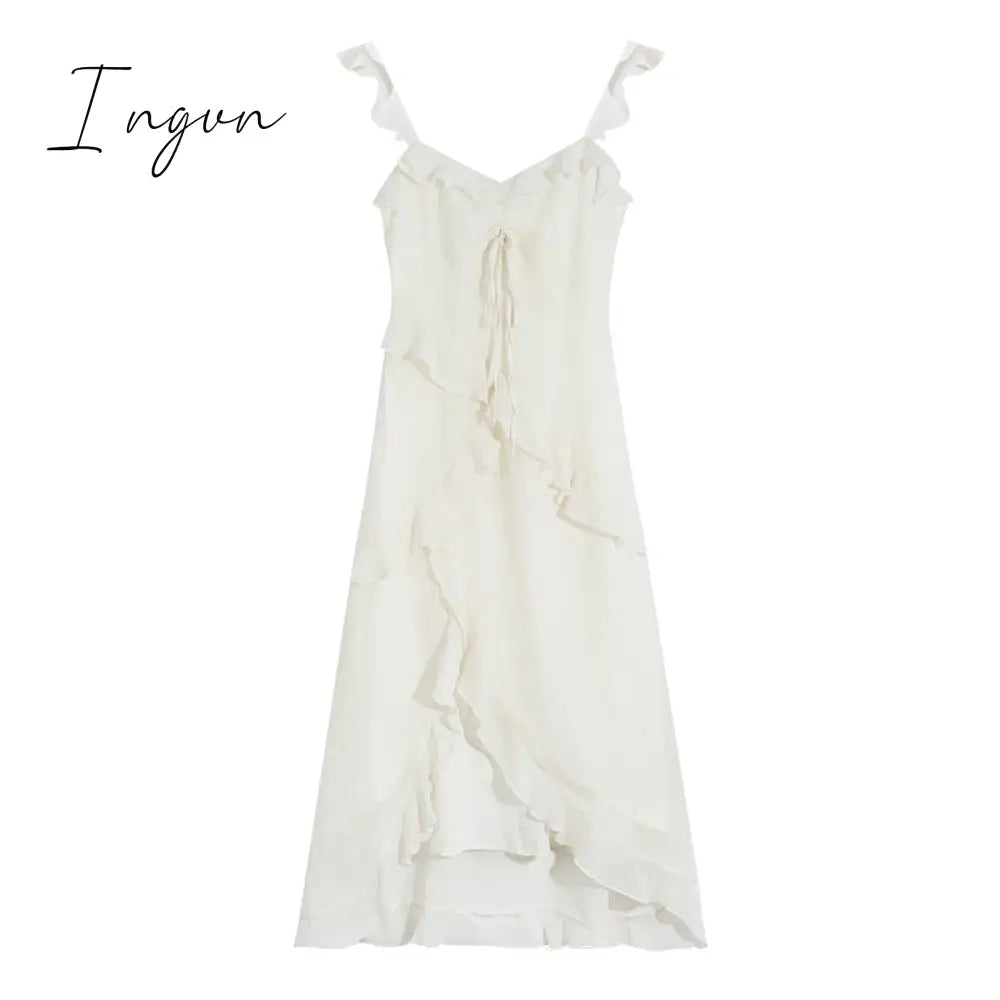 Ingvn - Fairy 2 Piece Dress Set Woman Casual Long Sleeve Crop Tops + Elegant Solid Strap Midi Dress Party Korea Fashion Suit 2023 Summer