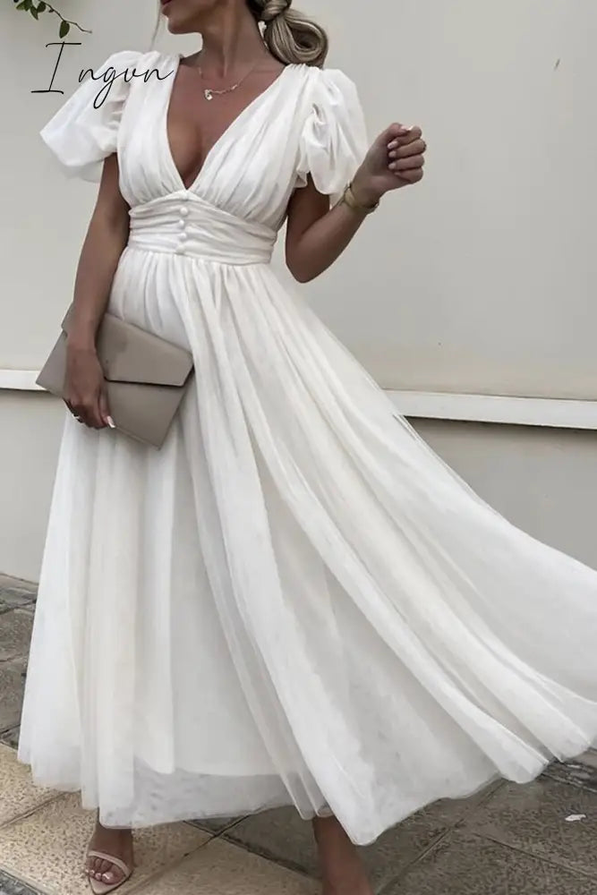 Ingvn- Elegant Solid Lace Mesh V Neck Evening Dress Dresses