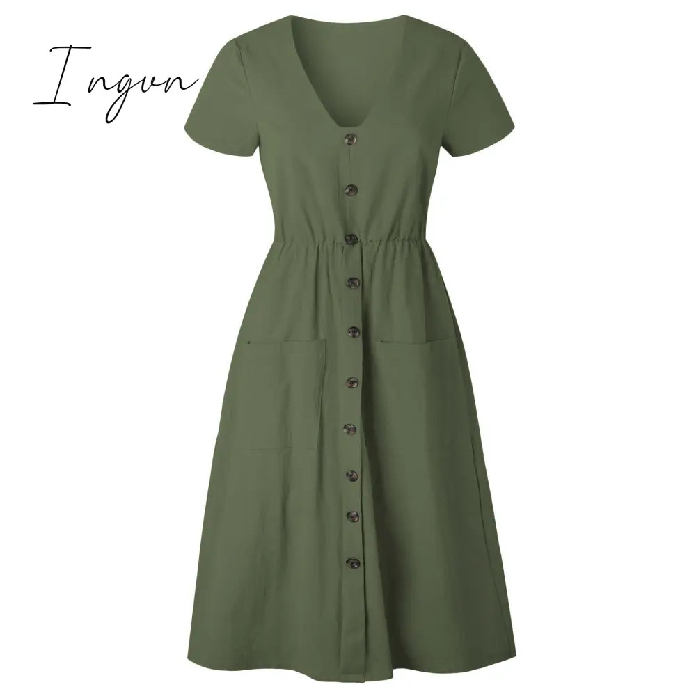 Ingvn - Cotton Linen Women Summer Dress Casual V-neck Button Pocket Short Sleeve A-line Midi Dresses For Women Vestidos