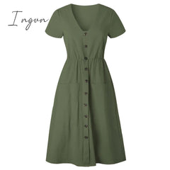 Ingvn - Cotton Linen Women Summer Dress Casual V-neck Button Pocket Short Sleeve A-line Midi Dresses For Women Vestidos