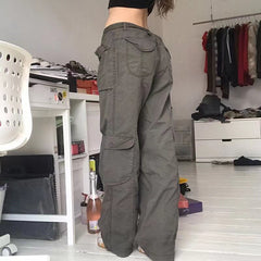 Voguable  Fashion American Trousers High Street Retro Gray Cargo Pants  Woman Sexy Low Waist Baggy Pants Casual Trousers Streetwear