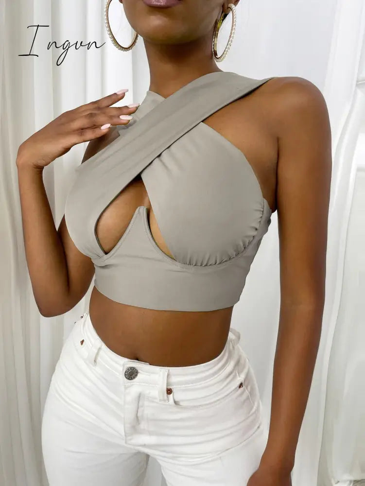 Ingvn - Women's Criss Cross Tank Tops Sexy Sleeveless Solid Color Cutout Front Crop Tops Party Club Streetwear Summer Lady Bustier Tops
