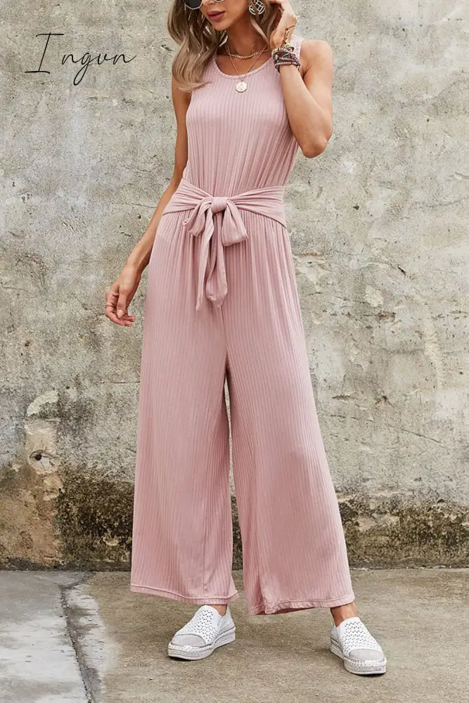 Ingvn - Ribbed Scoop Neck Tie Waist Sleeveless Jumpsuit