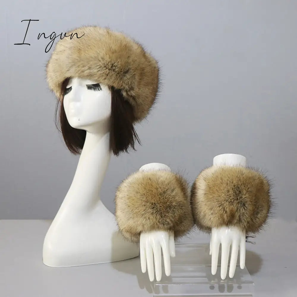 Ingvn - New Autumn Winter Caps Female Hats Cuffs Set Fashion Warmth Imitation Quality Design Faux Fur Hat Fox Fur Sleeves Suit Accessary