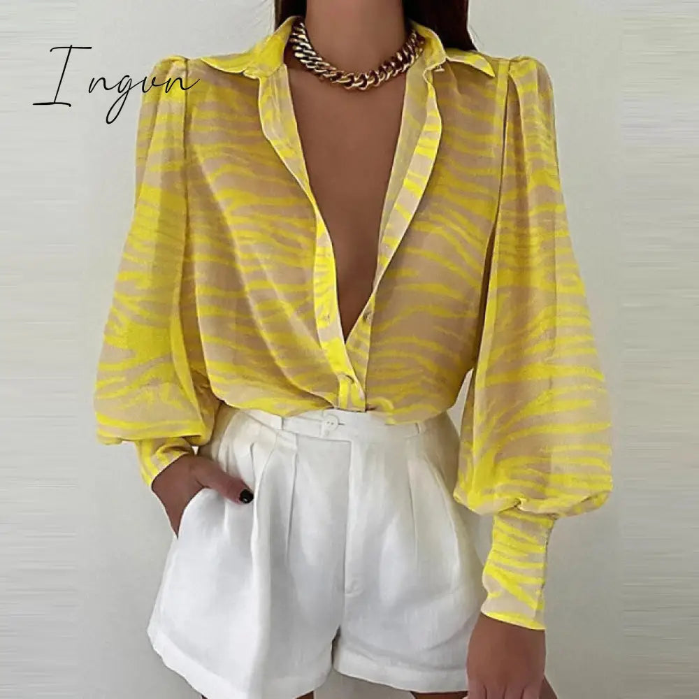 Ingvn - Spring Fashion Women Shirt Lantern Long Sleeves Casual Solid Color Printed Slim Buttons V Neck Blouse Commute High Street Shirts