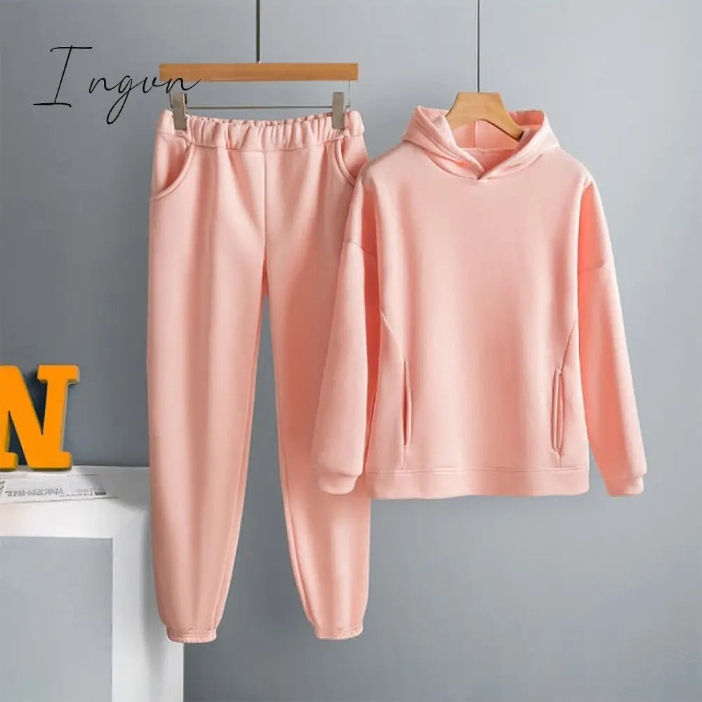 Ingvn - Two Piece Set Casual Fleece Tracksuit Women Winter Women's Sets Oversized Hooded Long Sleeve Hoodie Sport Pants Lady Suit