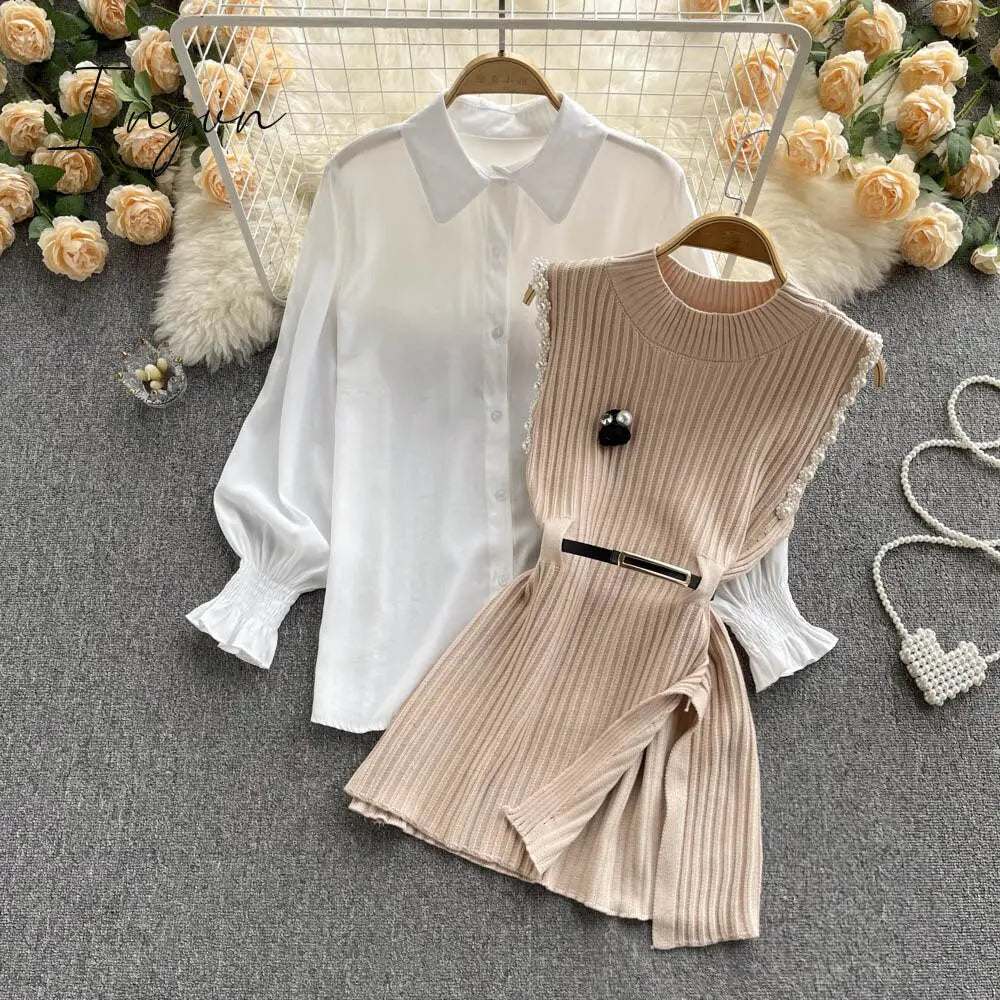 Ingvn - Spring Outfits Women Sleeve White Shirt Fashion Two Piece Suit Red Cotton Sweater Vest Lady Casual Preppy Style White Belt