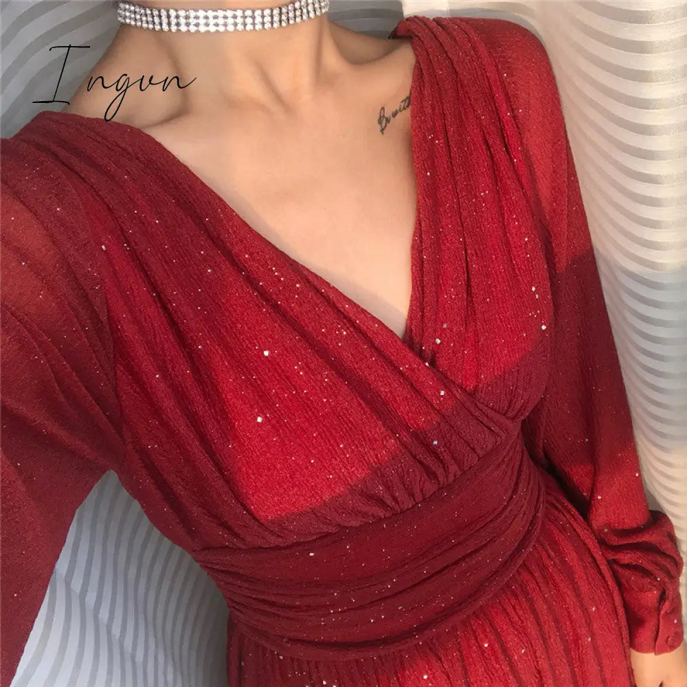 Ingvn - Vintage Glitter Long Maxi Dress Women Spring High Waist Long Sleeve Elegant Boho Dress Shiny Party Dress Plus Size Sexy