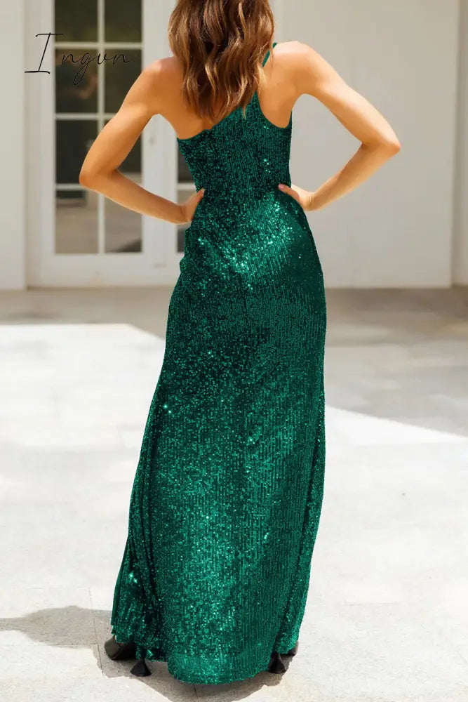 Ingvn - Sexy Formal Solid Sequins Slit Oblique Collar Evening Dresses(6 Colors)