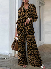 Plus Size Casual Outfits Two Piece Set, Women's Plus Leopard Print Button Up Long Sleeve Turn Down Collar Blouse & Wide Leg Pants Outfits 2 Piece Set
