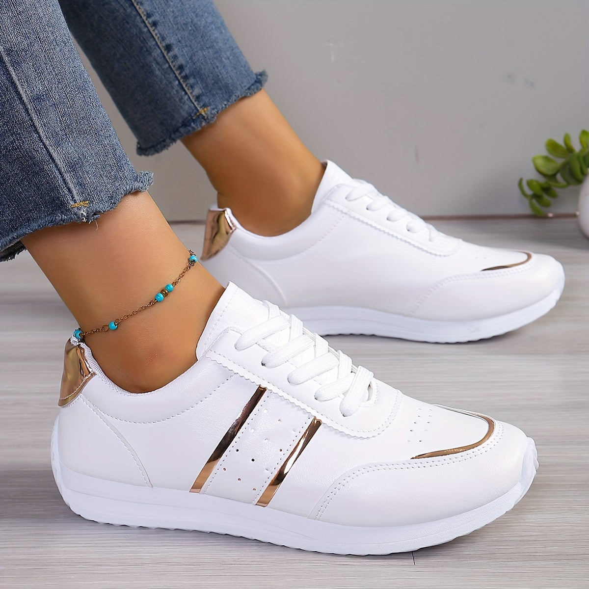 Women's Fashion Sneakers - Breathable, Lightweight Casual Shoes with Lace-Up Design for All Seasons, Elegant Street Style in White, for Spring