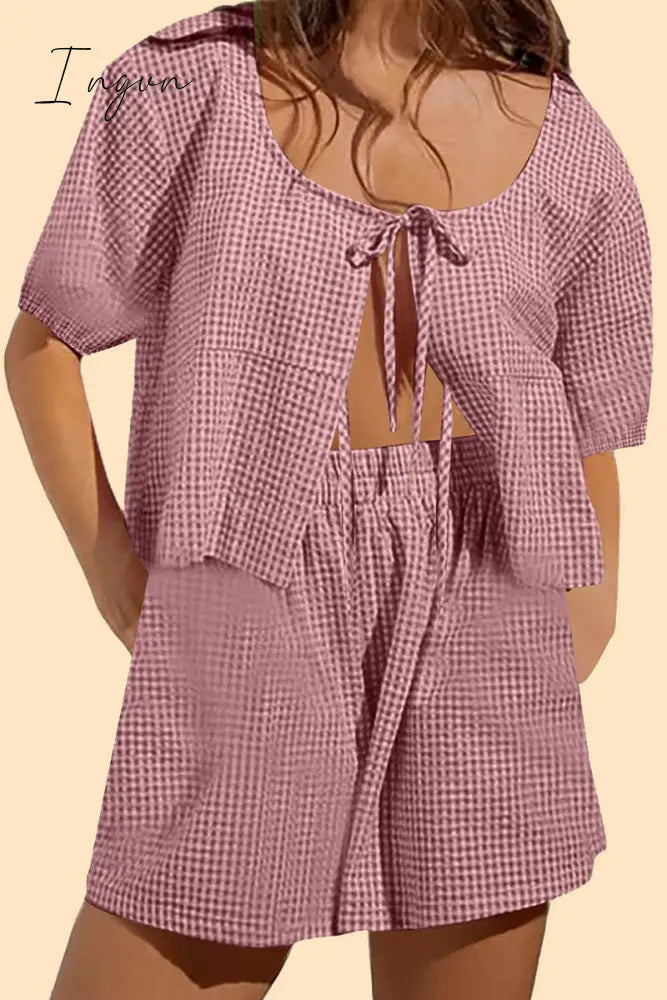 Casual Plaid Bandage Pocket U Neck Short Sleeve Two Pieces