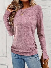 Button Decor Ruched T-Shirt, Casual Long Sleeve Top For Spring & Fall, Women's Clothing