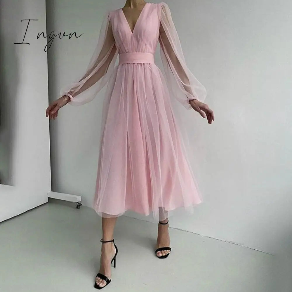 Ingvn - Deep V-Neck Women Mesh Dress Party Summer Long Puff Sleeve Pink Zipper A-Line Thin Waist Translucent Young Girls Clothes
