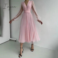 Ingvn - Deep V-Neck Women Mesh Dress Party Summer Long Puff Sleeve Pink Zipper A-Line Thin Waist Translucent Young Girls Clothes