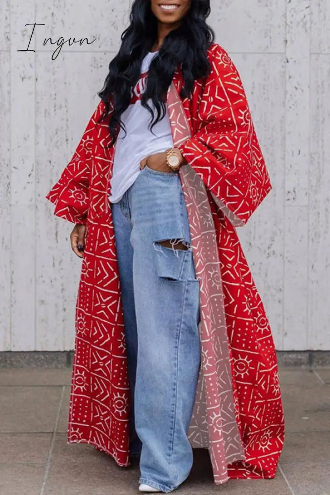 Ingvn - White Casual Street Print Patchwork Cardigan Collar Plus Size Overcoat