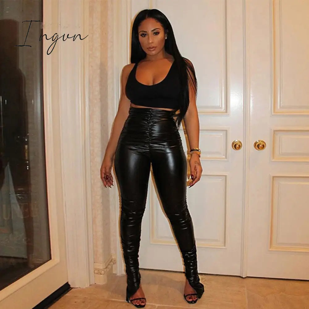 Ingvn - Winter Joggers PU Leather Leggings Pants Pleated High Waist Streetwear Long Trouser Solid Color Party Night Clubwear Outfit