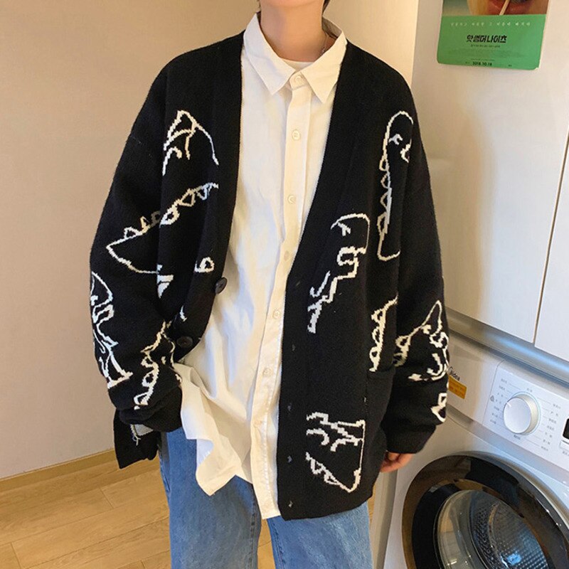 Oversized Cardigan Knitted Sweater Streetwear Loose Male Top Coat Hip Hop Sweater Cartoon Pattern Pullovers