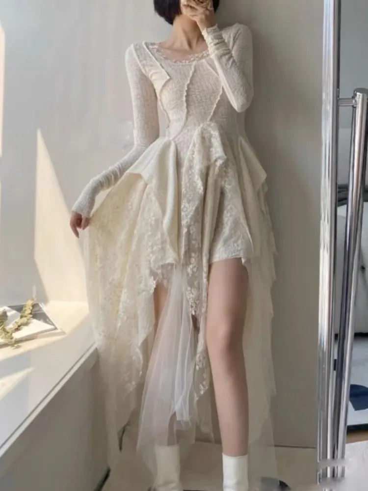 Vintage Elegant Lace Dress for Women French Irregular Splicing Long Bridesmaid Evening Party Dresses Prom Vestido Robe Clothes