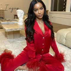 Ingvn - 2 Piece Sets Outfits Feather Long Sleeve Blouse Top Shirts And Pants Women Tracksuits Y2K Elegant Casual Party Sexy 2023