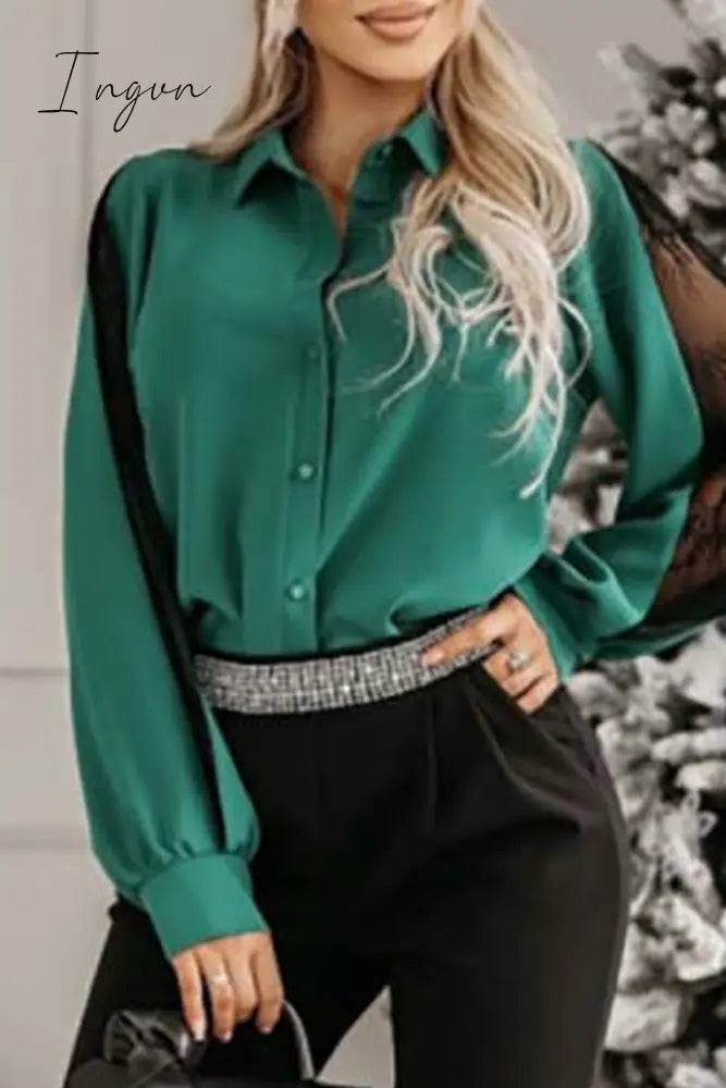 Ingvn- Elegant Solid Mesh Shirt Collar Tops