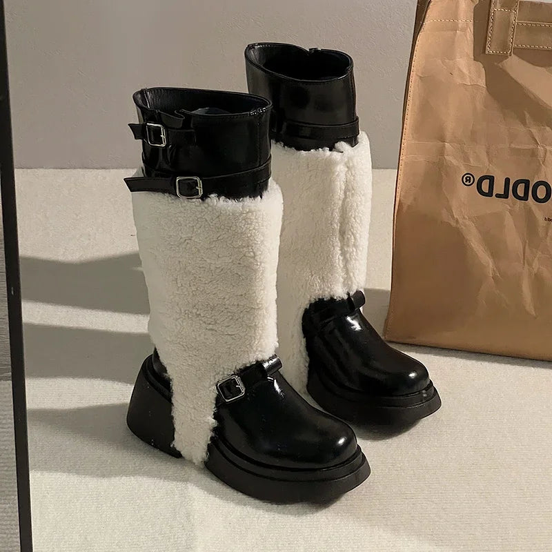 Ingvn  Platform Women Knee-High Boots Fashion Fur Removable Shoes Autumn Winter Thick Heel Women's Knight Long Booties