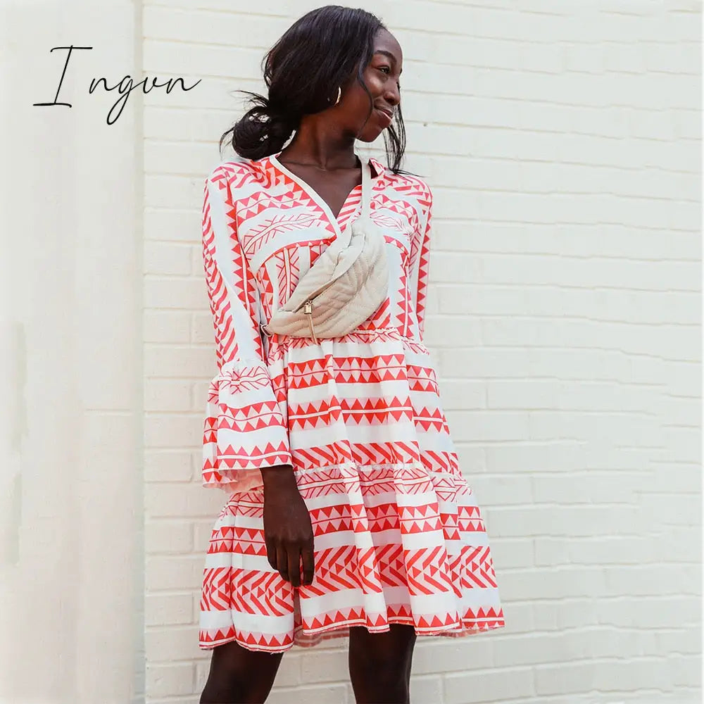Ingvn - V neck Swing Women Daily Cotton Bell Sleeve Printed Tribal Summer Dress