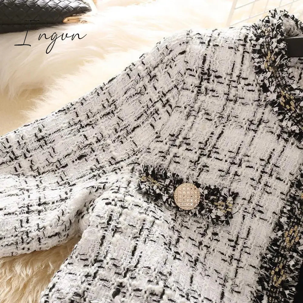 Ingvn - 2023 Trends Hot Sale Kurta For Women Cropped Tweed Coat Vintage O-Neck Open Stitch Tassel Slim Plaid Jacket Korean Blends Wool Outwear Tops Female
