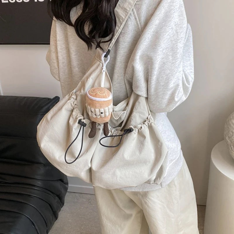 Ingvn  New Pleated Casual Crossbody Bag Student Nylon Shoulder Bag Fashionable Commute Car Stitching Hobo Bag