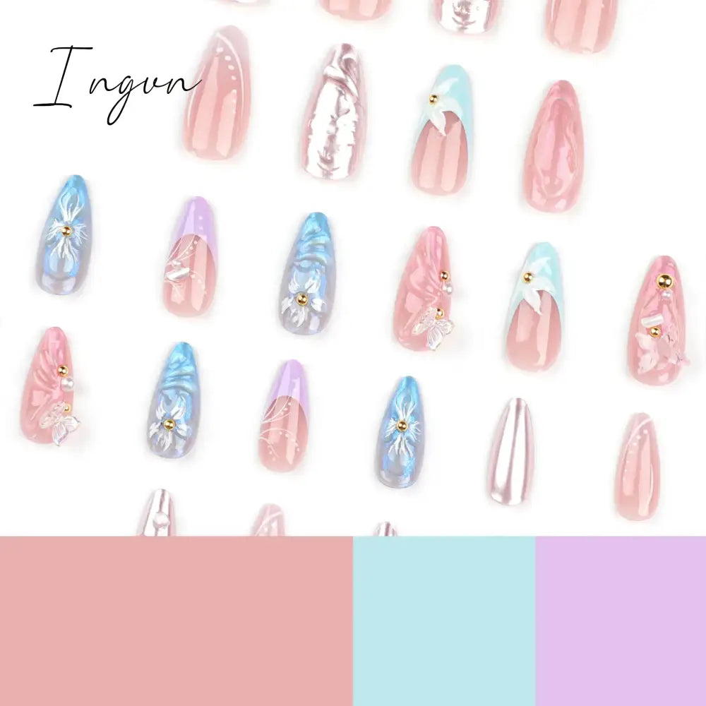 24pcs 3D Flower Fake Nail Patch French Almond Summer Sea Shell Decor False Nail Full Cover Wearable Press on Nails Tips for Girl