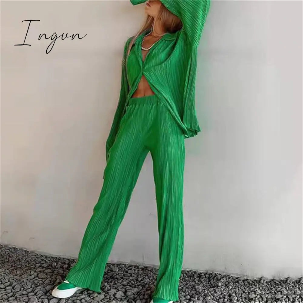 Ingvn - Women Pleated 2 Piece Pants Sets Spring Summer Streetwear Long Sleeve Button Down Shirt+Straight-Leg Pants Loose Outfits
