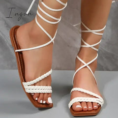 Ingvn - Women shoes 2024 Summer Fashion Open Toe Flat Sandals Sexy Solid Color Lace Up Beach Sandals for Women Zapatillas De Mujer